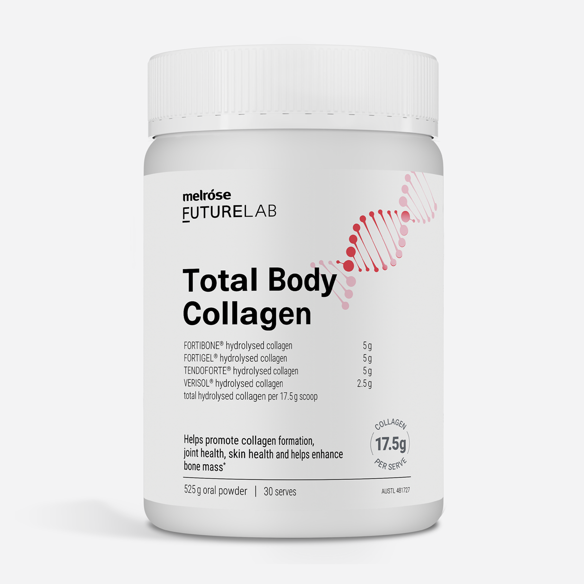 Metrose Futurelab Total Body Collagen supplement container on a white background