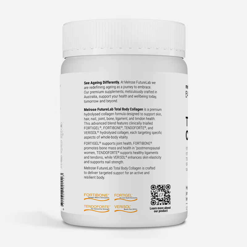 Supplement container with text and branding on a white background