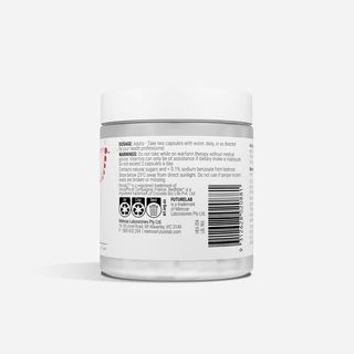 Back label of a supplement container on a white background