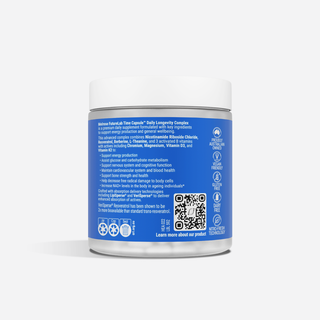 Supplement container with blue label on a white background